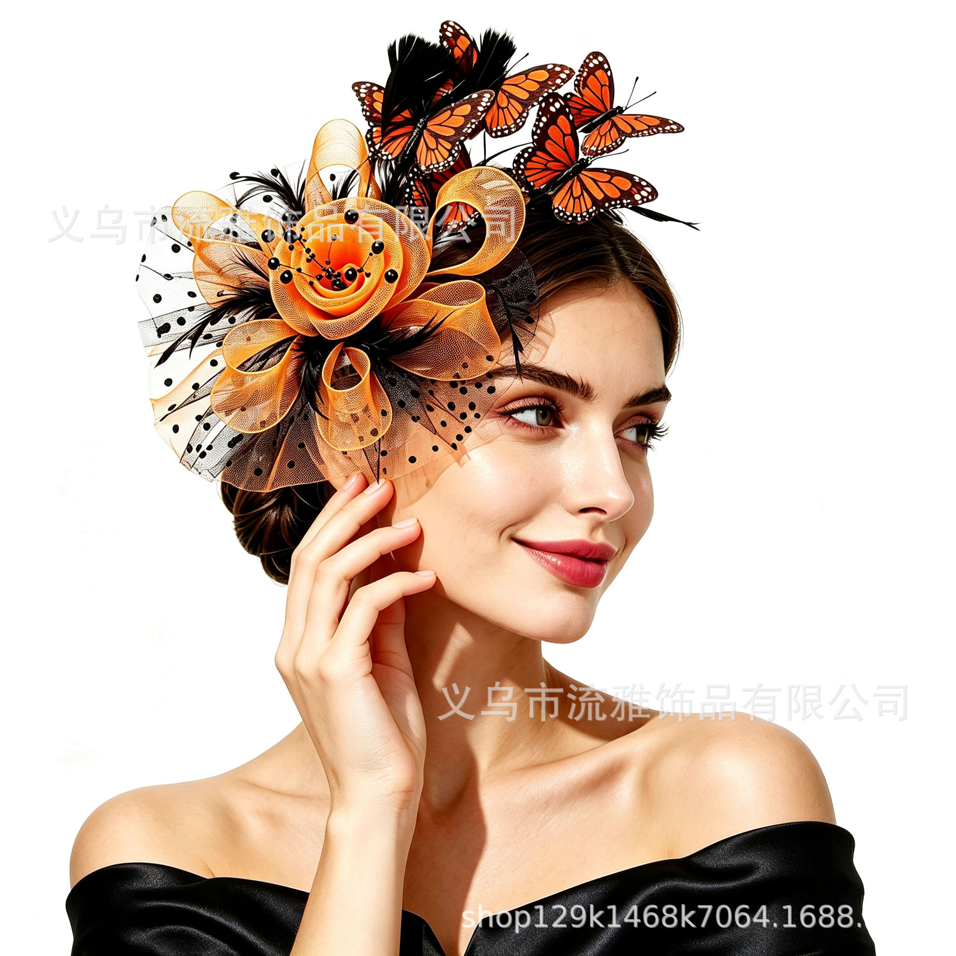 Popular Amazon artificial butterfly flower headpiece, feather headpiece, horse racing festival hat, forest-themed party headpiece