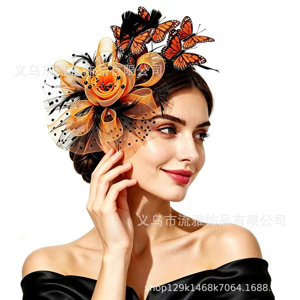 Popular Amazon artificial butterfly flower headpiece, feather headpiece, horse racing festival hat, forest-themed party headpiece