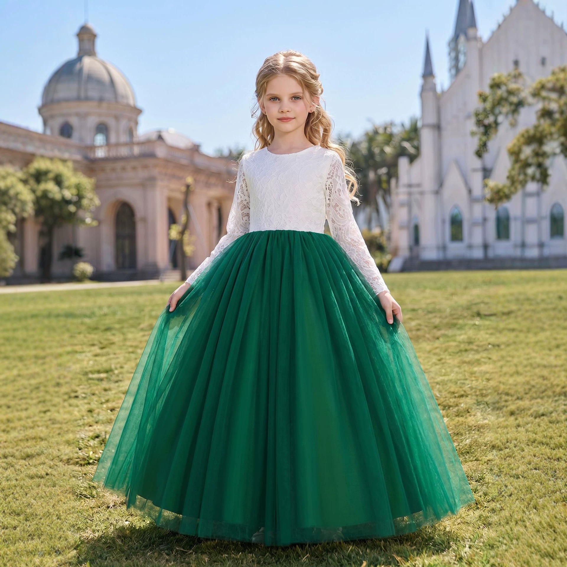 Amazon nuevo medio y grande de encaje de los niños vestido de princesa vestido largo niñas pasarela espectáculo traje de los niños vestido image 3