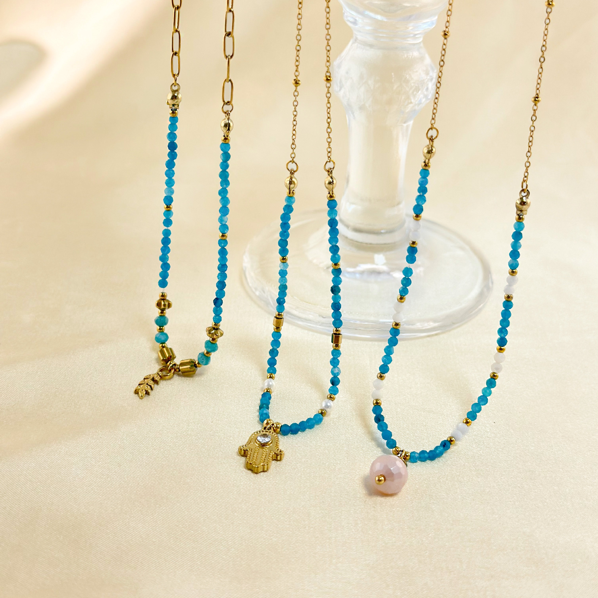 Women's Gender Elegant Geometric 304 Stainless Steel Natural Stone Beaded Chain Cable Chain Pendant Necklace In Bulk