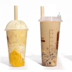 Single-use, individually packaged coffee, juice, beverage, and milk tea with biodegradable paper straws, customizable with logo printing.