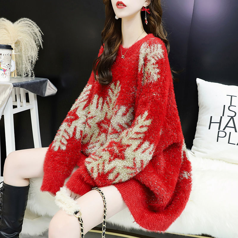 2025新款秋冬圣诞外穿新年加绒针织衫毛衣女慵懒风宽松加厚长袖