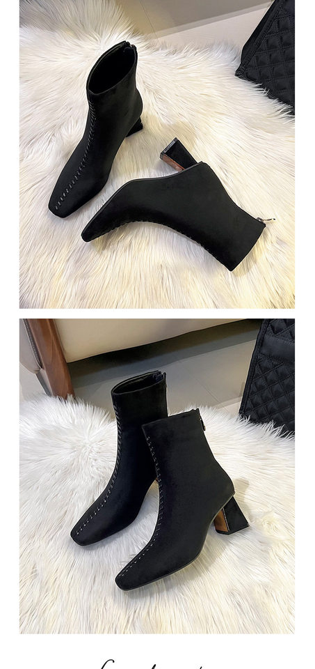Bốt nữ cổ thấp mũi vuông gót dày 6–8 cm phong cách thanh lịch — Màu nâu (lớp lót nhung), Màu đen (lớp lót nhung) chi tiết 11