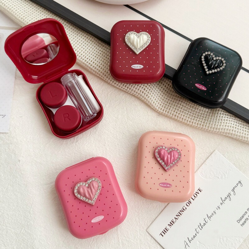 DIY contact lens case with mirror, polka dot design, simple beauty lens case, companion care box as391-2, diamond heart