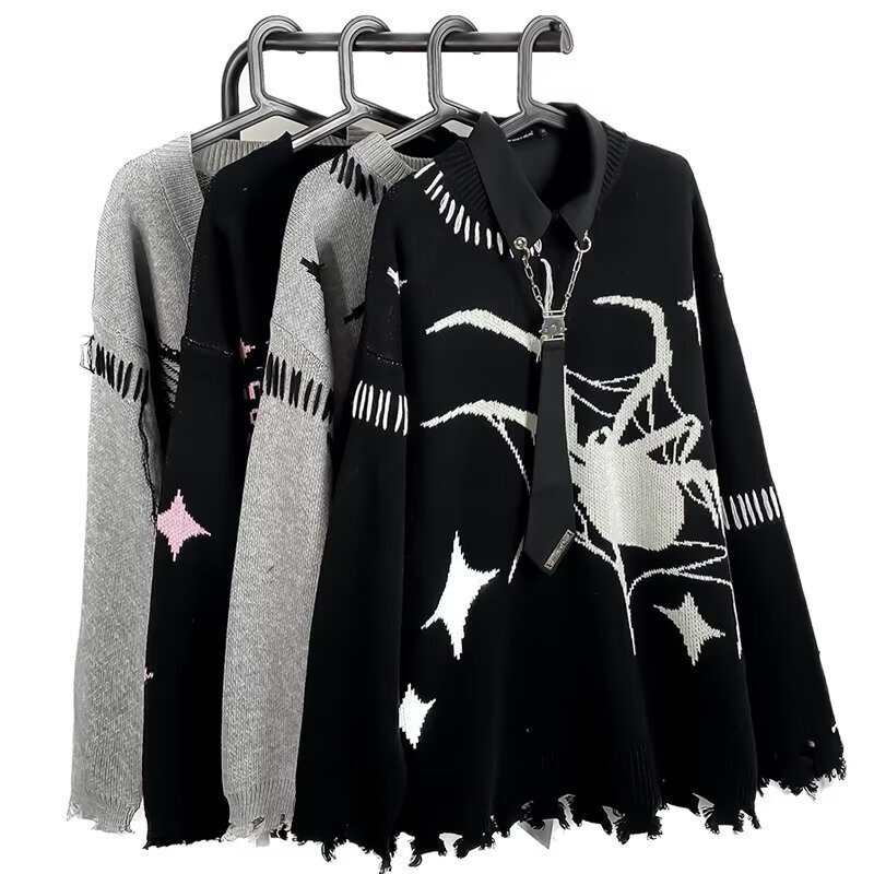 Trendy Ins Harajuku Fuzzy Emotions 2025 Autumn High Street Dark Irregular Color-Blocking Drawstring Knit Sweater