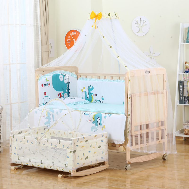 ♔ Baby Crib Solid Wood Unpainted Multifunctional Cradle Bed Baby Bed Newborn Bb Bed Children's Bed with Mosquito Net Rocking