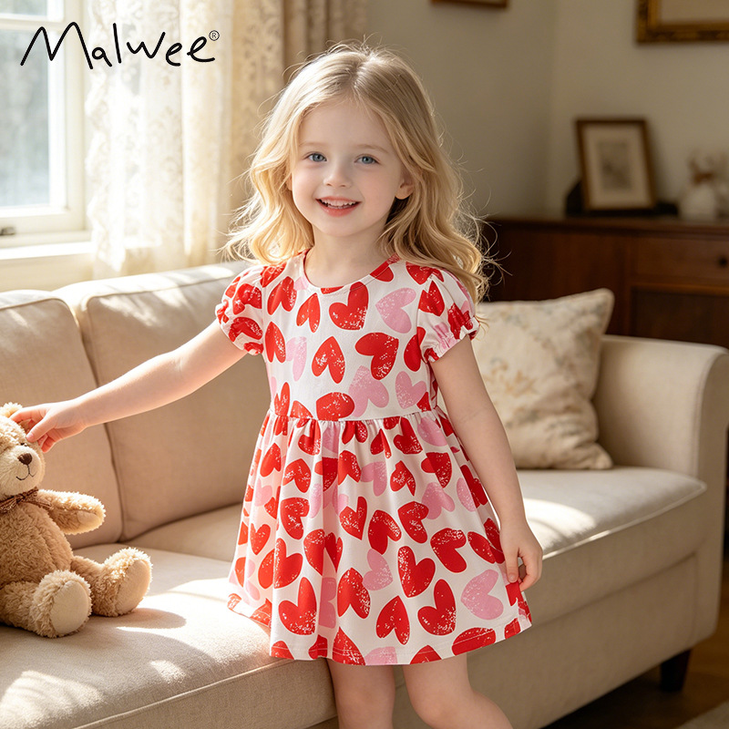 In stock: Malwee girls' summer dress, new European and American style, short-sleeved princess dress, printed children's skirt.