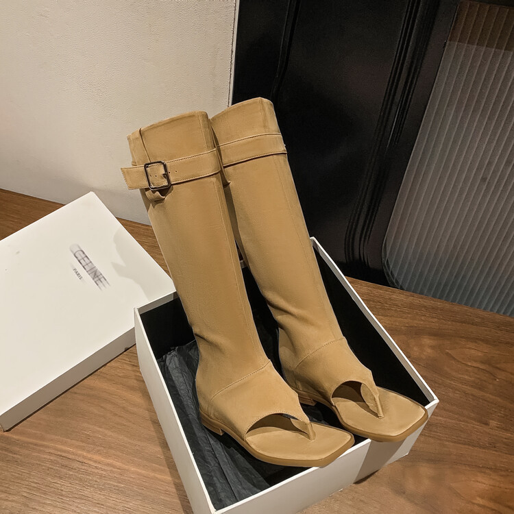 Boot nữ cổ cao ôm bắp chân da thật phong cách miền Tây — mơ, nâu chi tiết 77