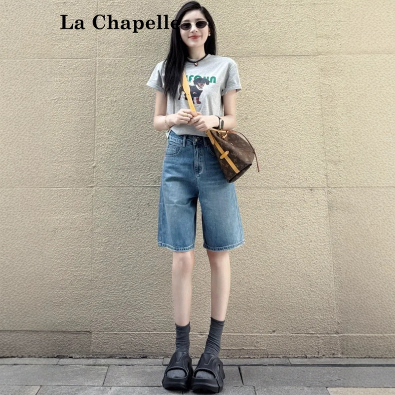 La Chapelle American-Style Denim Shorts for Women, Summer 2026 New Model, Slimming High-Waisted Loose Straight Mid-Length Shorts