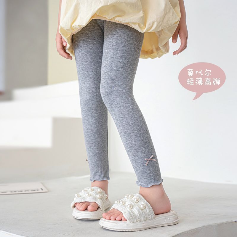 Modal leggings for girls, thin style, suitable for autumn, children, babies, outer wear, mosquito repellent, nine-point pants for medium and large children, with bow.