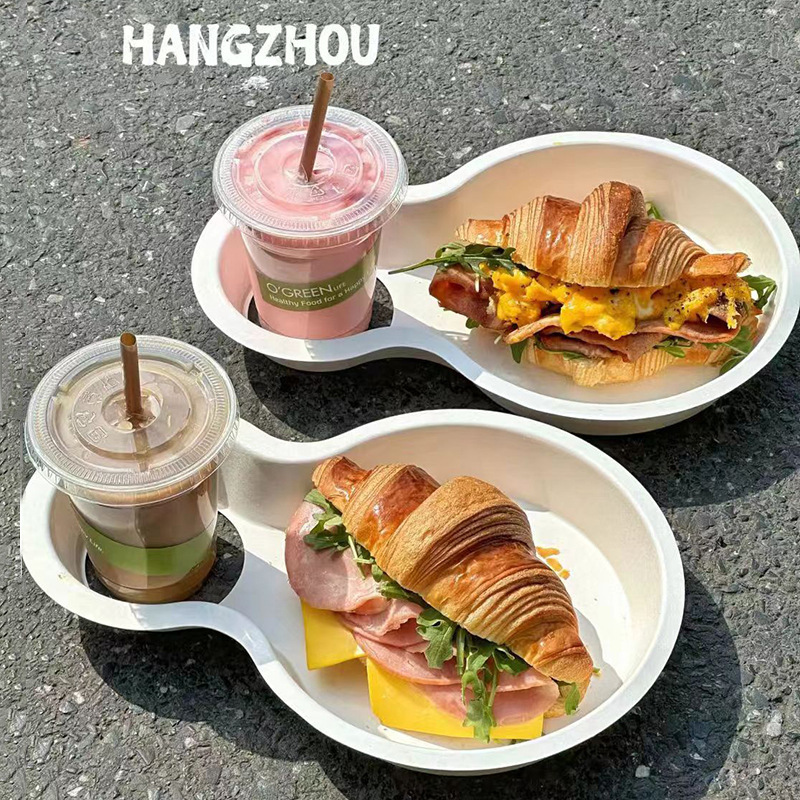 Disposable Street Brunch Pulp Plates Creative Sandwich Drink Cup Holder Board Eco-Friendly Tableware Light Food Salad