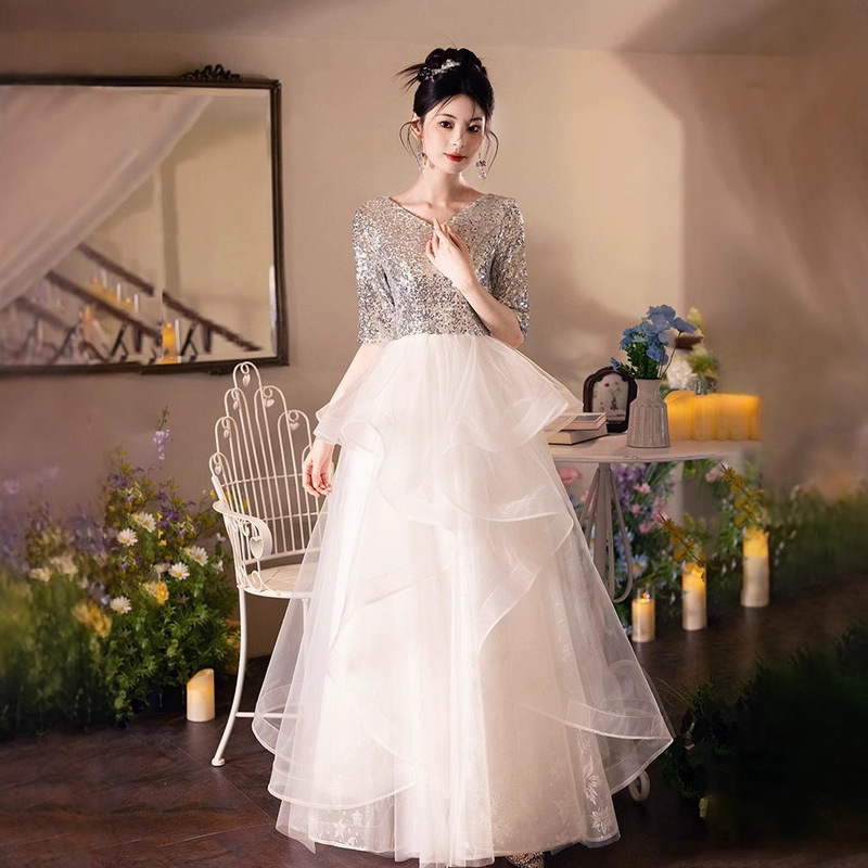 Silver Sequin Dress, Light Luxury Niche 2026 New Style, Elegant Long Dress for Women, Socialite Banquet Annual Meeting Dress