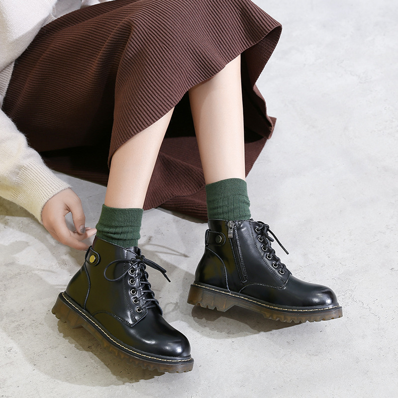 Spring and Autumn Women's Leather Shoes, British College Style Lace-Up Black Oxford Shoes, Round Toe Chunky Heel Martin Boots, Polished Boots