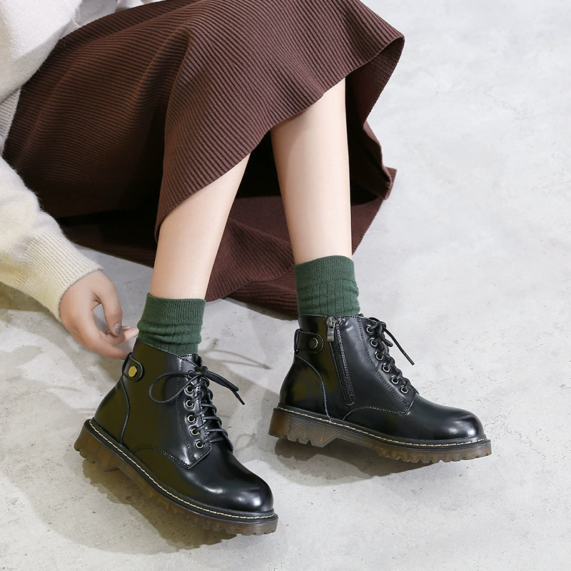 Женские кожаные туфли для весны и осени, черные оксфорды в британском студенческом стиле на шнуровке, ботинки Мартин на массивном каблуке с круглым носком, полированные ботинки.