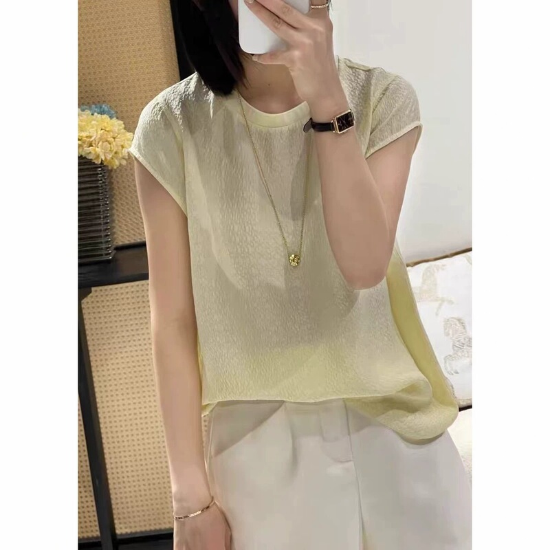 Nanyou 2026 Summer Style High-End Mulberry Silk Bubble Wrinkle Ribbed Collar Top, Ladylike Casual Versatile Short-Sleeve Shirt