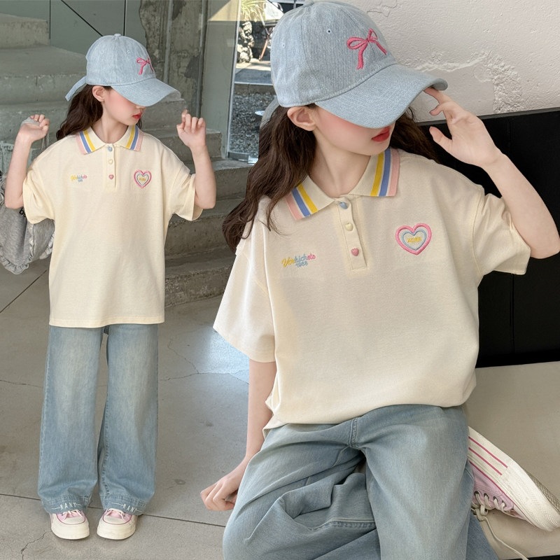 Girls' short-sleeved T-shirt, summer style, 2026 new style, medium and large children's heart embroidered polo shirt, collared pure cotton top, fashionable.