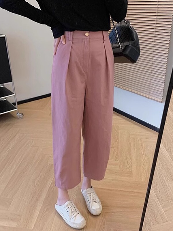 女性用ウォッシュドピュアコットンハーレムパンツ、夏用薄手ルーズストレートカジュアルパンツ、小柄な人向けハイウエストオーバーオールキャロットパンツ、トレンディ|undefined