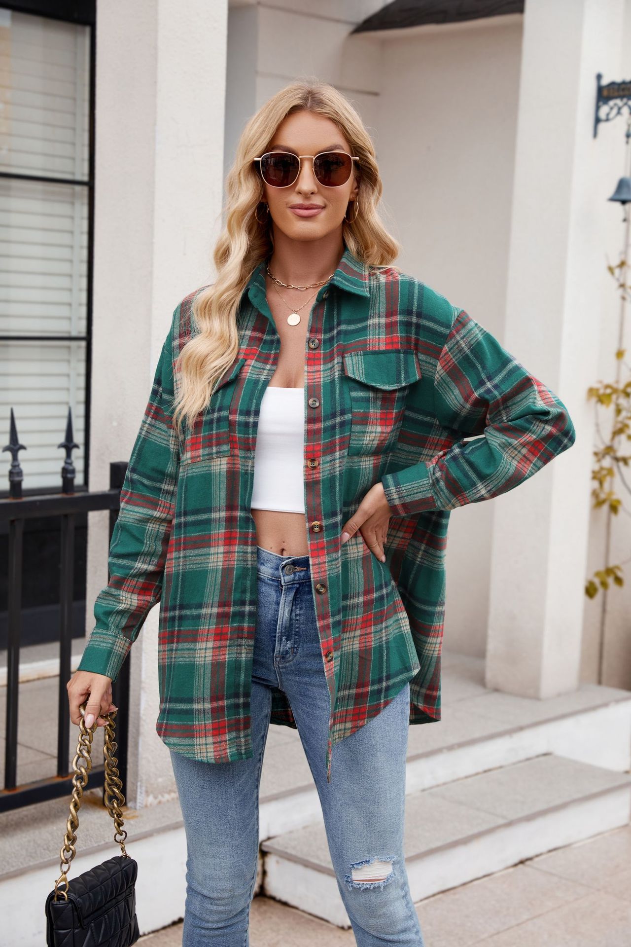 Lässiges Karohemd Für Damen Mit Taschen Für Herbst Und Winter_voghion.com