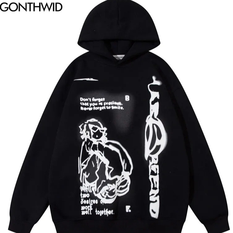 線條人物印花連帽衛衣男士潮牌街頭寬鬆休閒長袖秋冬上衣美式帽衫