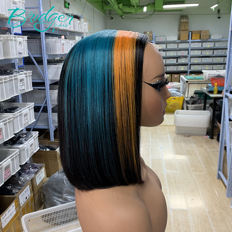 Bob Echthaarperücke Mit Highlights Orange Blau Ohne Lace Front_voghion.com