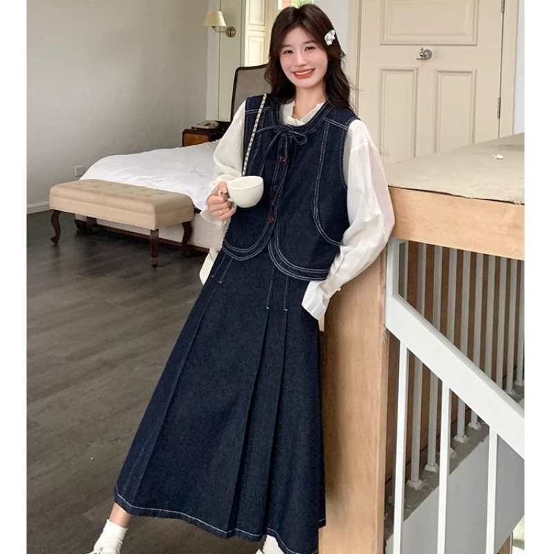 韩系牛仔套装裙女春秋2025新款小个子学院风马甲半身裙两件套韩系|undefined