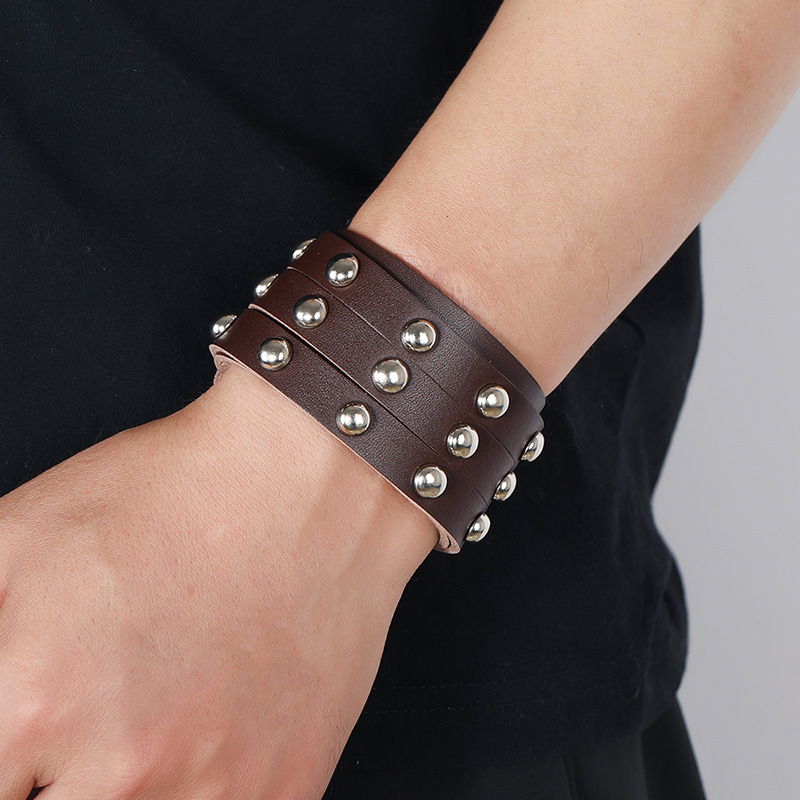 punk style three-row rivet leather bracelet
