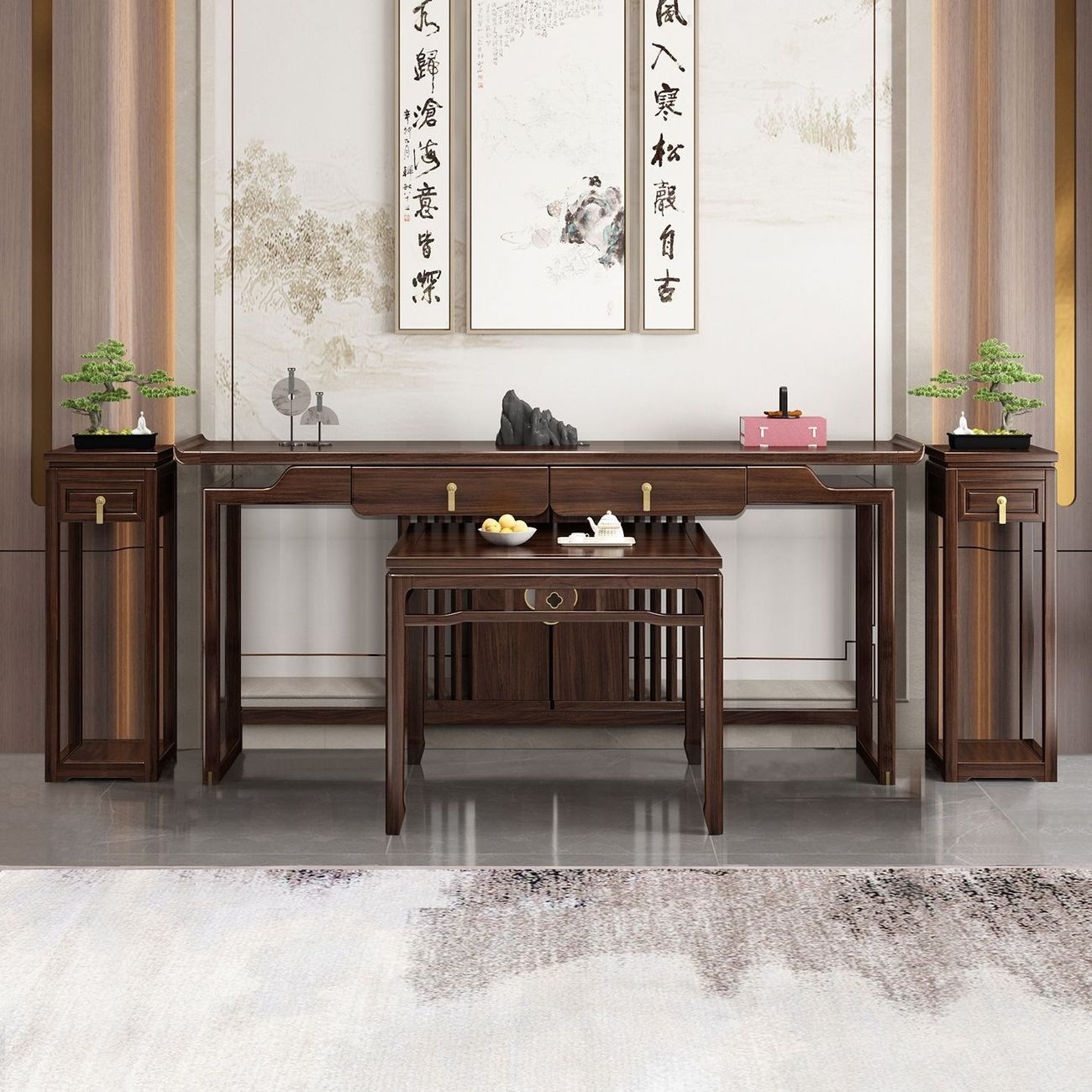 New Chinese-style entrance table, Chinese-style hall table, solid wood six-piece set, long table, offering table, three-piece set, Buddhist altar