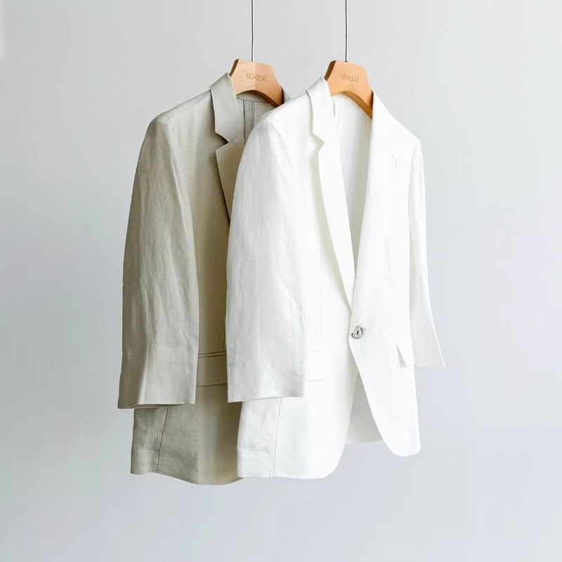 2026 Island Country Surplus Stock High-Quality Linen-Cotton Handmade Tailored One-Button Three-Quarter Sleeve White Blazer