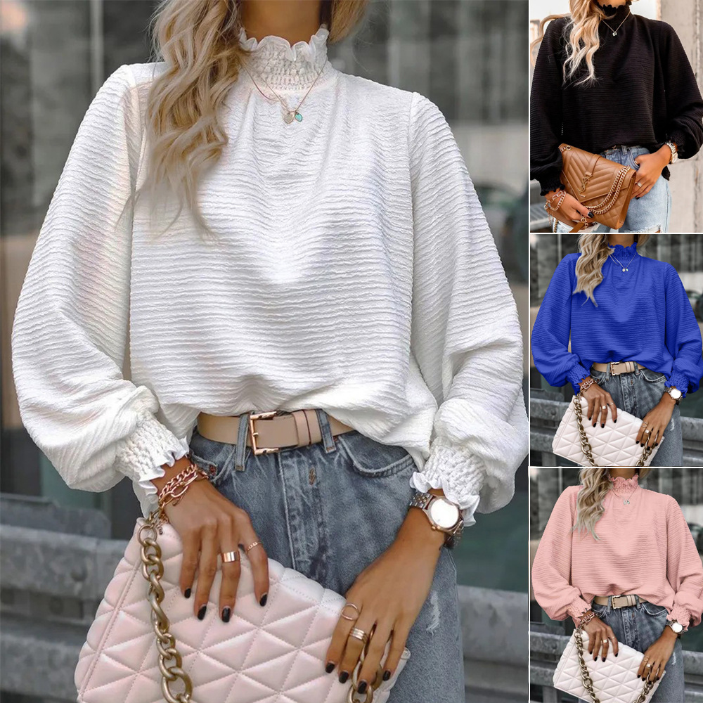 Cross-Border Foreign Trade Women's Clothing 2026 Spring New High-Neck Long-Sleeve Shirt Loose Casual Versatile Solid Color Top Early Autumn