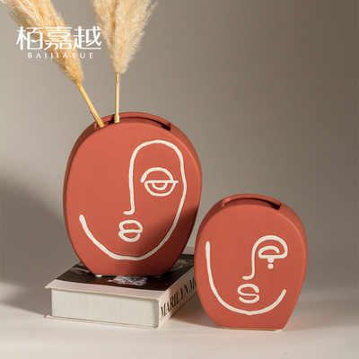 北歐創意人臉圖案陶瓷花瓶簡約複古工藝品客廳家居軟裝裝飾品擺件