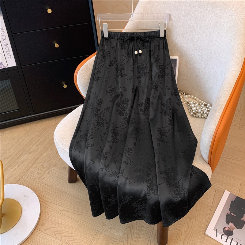 New Chinese Style National Style Embroidered Drawstring Floral Skirt chubby girl plus size Women's Summer New Loose High Waist Slimming Skirt