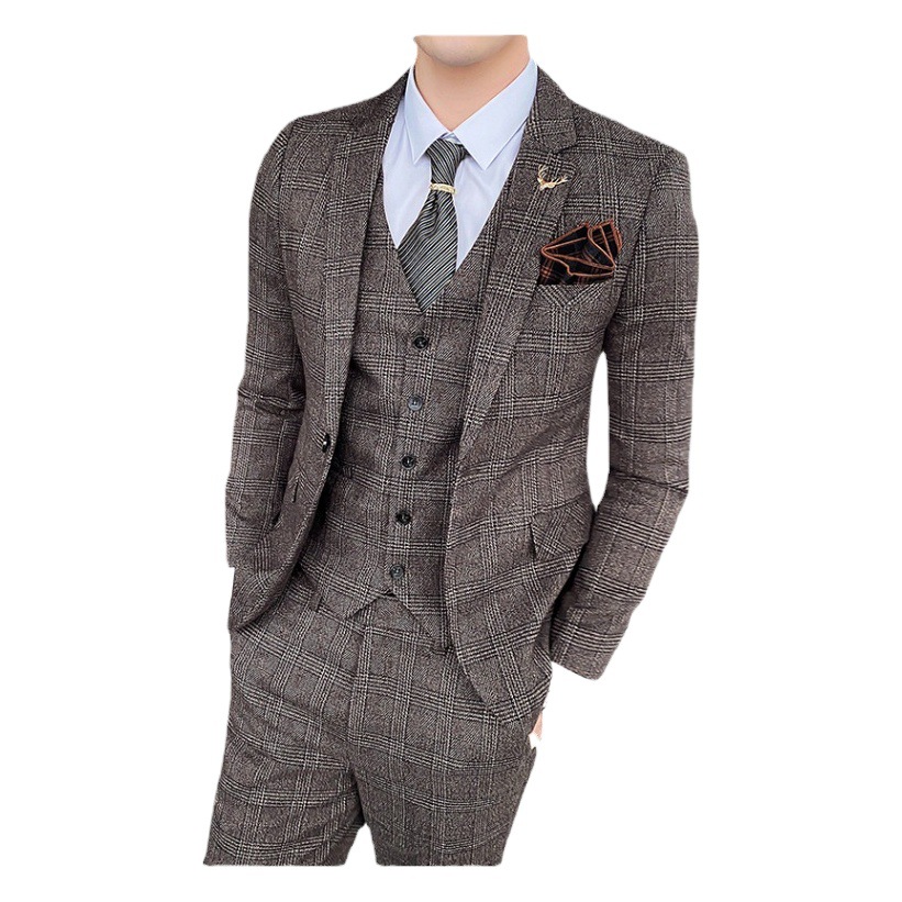 Traje de los hombres al por mayor de tres piezas Traje a cuadros casual de negocios estilo coreano slim fit one button traje casual Retro