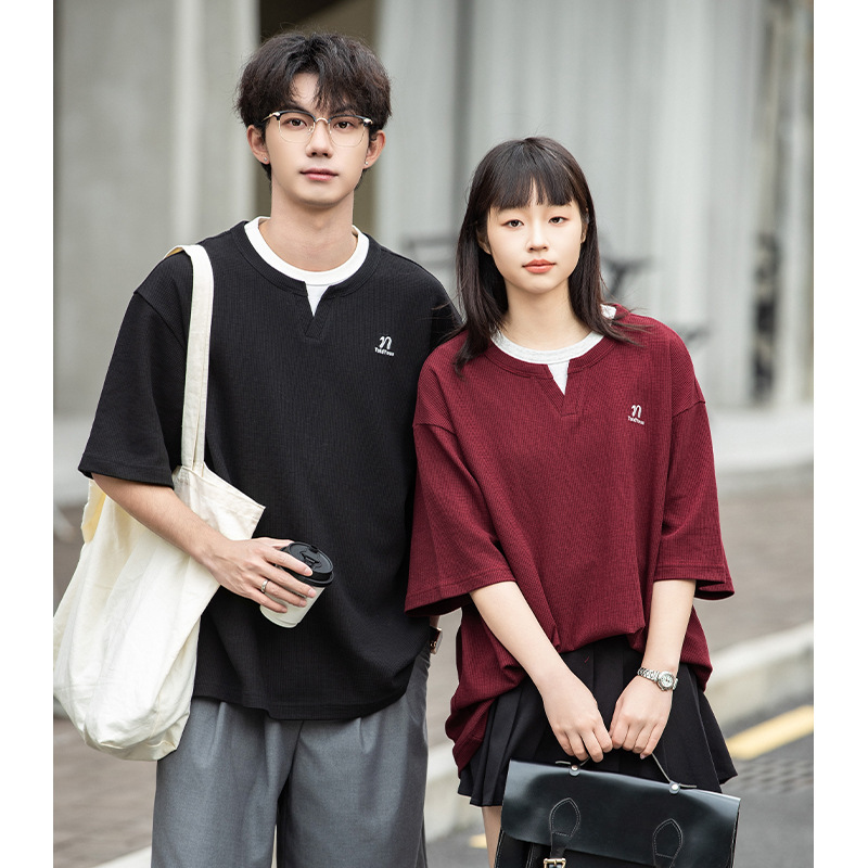 Light Luxury Old Money Short-Sleeved T-Shirt Summer Style Waffle Fake Two-Piece V Neck T-Shirt Ankesela Red Couple Half-Sleeved Q