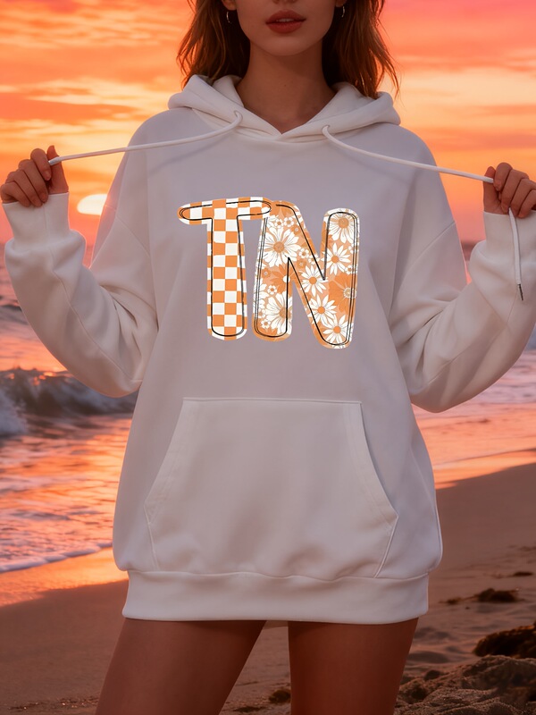 Women's Tennessee Cheongsam Sweatshirt - Light Brown with Orange Plaid Design with Tn Letters, Long Sleeve Round Women's Tennessee Cheongsam Sweatshirt - Light Brown with Orange Plaid Design with Tn Letters, Long Sleeve Round