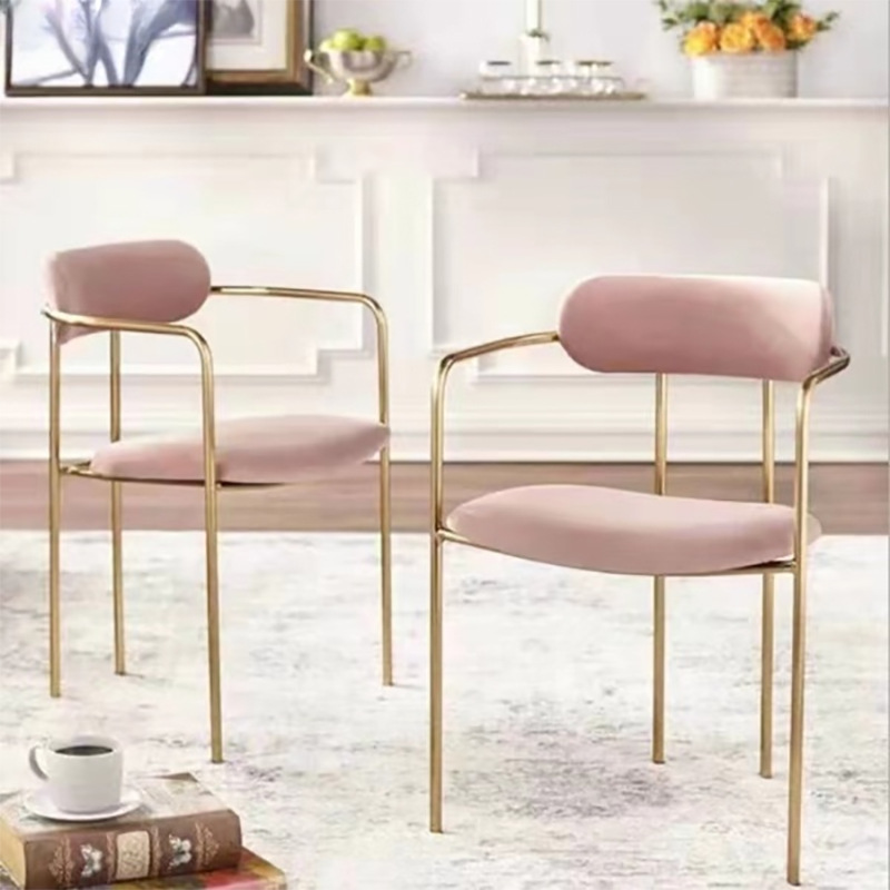 Light luxury stainless steel gold-plated dining chair hotel guest room book chair with armrest soft bag leisure chair coffee shop negotiation chair