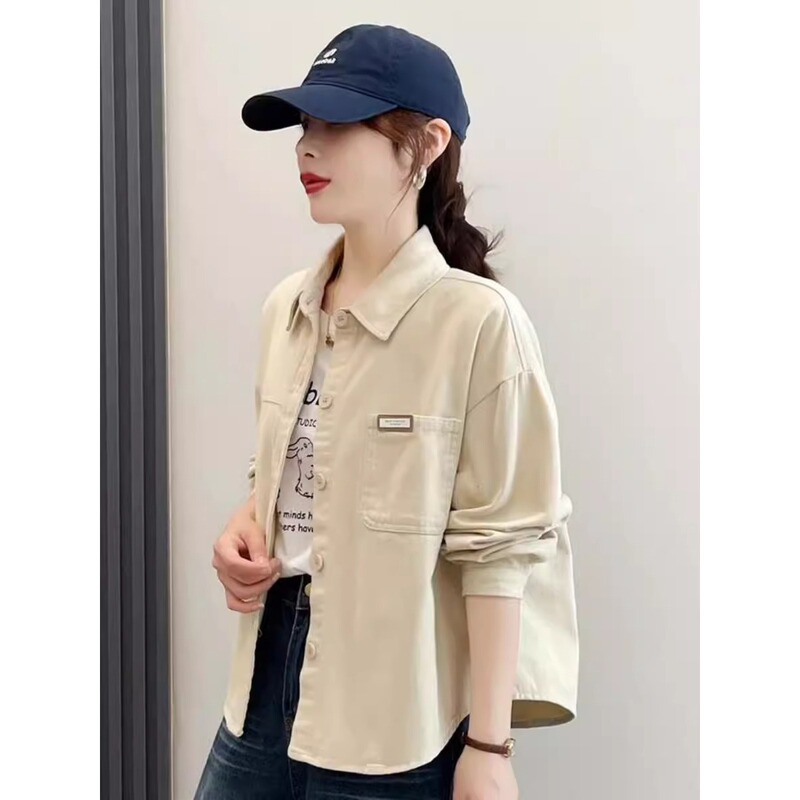 Spring Denim Cotton Shirt for Petite Women, Short Loose Long-Sleeve Fashion Shirt, Denim Short Jacket A3380