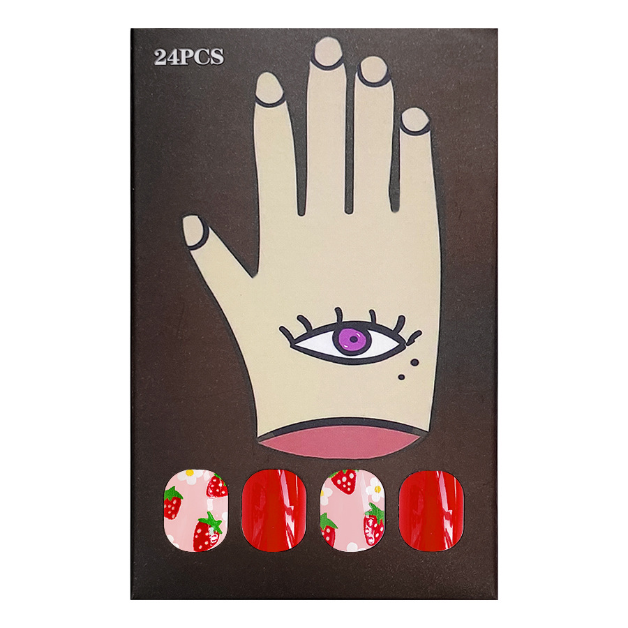 False Nails Strawberry White Flower Design Detachable Manicure_voghion.com