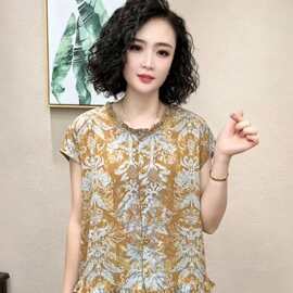 复古印花短袖衬衫女新款中老年妈妈夏季百搭小衫洋气宽松显瘦上衣