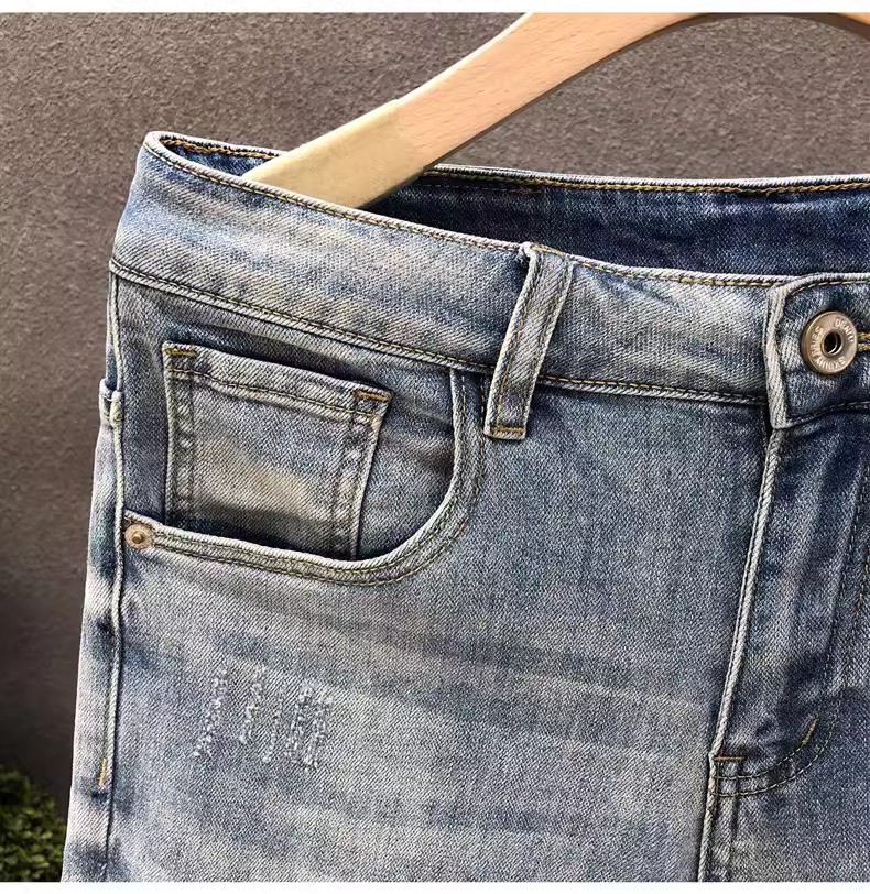 Light Blue Men's Distressed Denim Shorts High Waist Stylish Straight Leg Mid-Length Five Pocket Summer Trendy Clothing_mkmklike.com