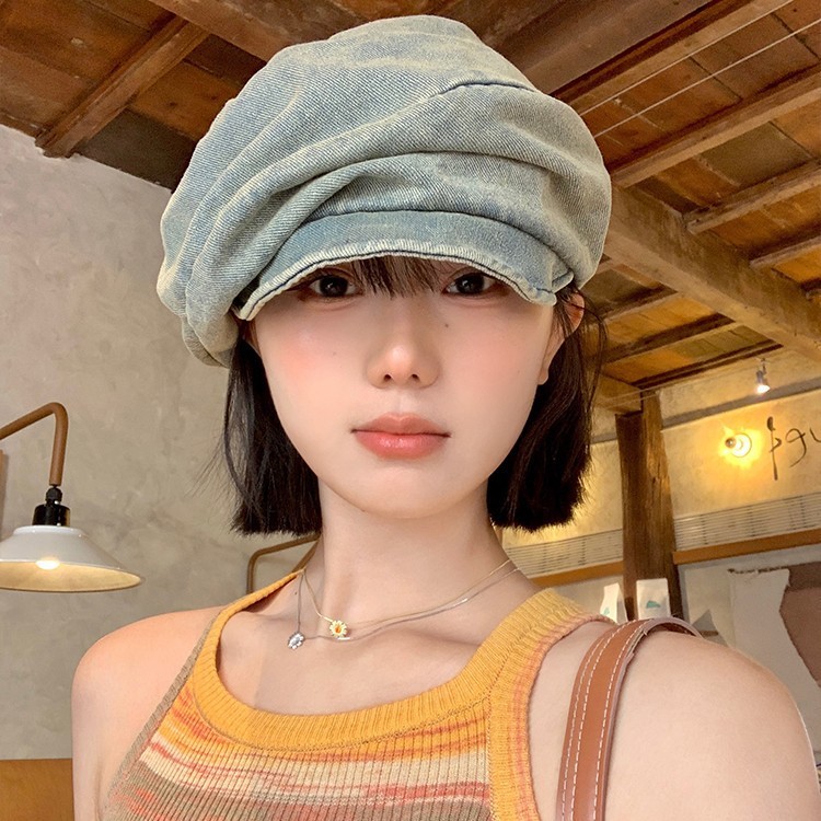 日系文艺水洗牛仔小众设计贝雷帽女百搭显脸小遮阳防晒八角帽子潮|undefined
