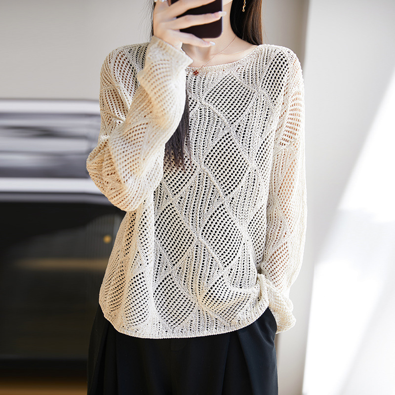 Tencel Linen Sweater with Collar Long Sleeve 2025 Summer New Arrival Diamond Hollow Crochet Base Shirt Blouse