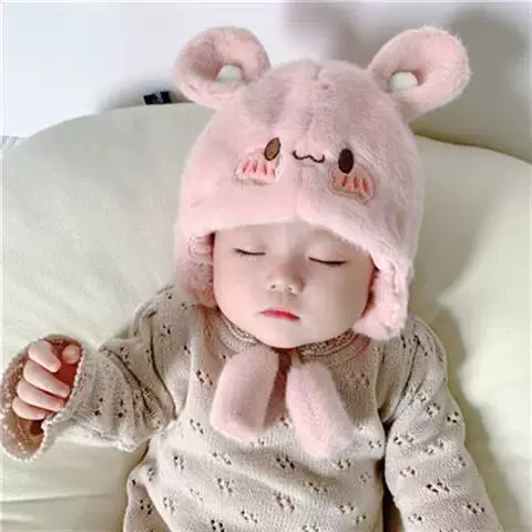 新款婴儿帽子秋冬毛绒加厚护耳帽韩版3-12个月可爱超萌宝宝保暖帽