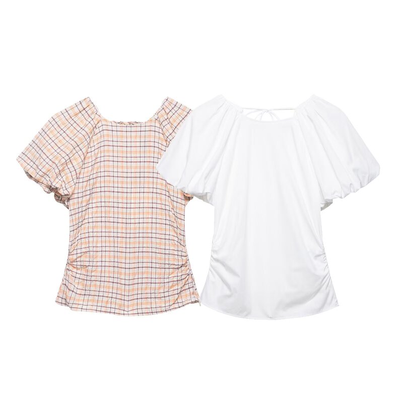 Foreign Trade Cross-Border European and American Summer Women's New Style Pure and Gentle Style Balloon Sleeve Short-Sleeved Shirt Top 2180023