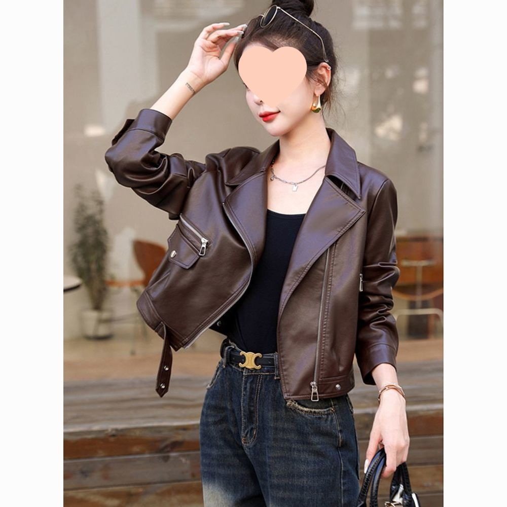 Spring and Autumn New Leather Jacket Women's Short Motorcycle Suit Casual Small Leather Suit Collar Jacket