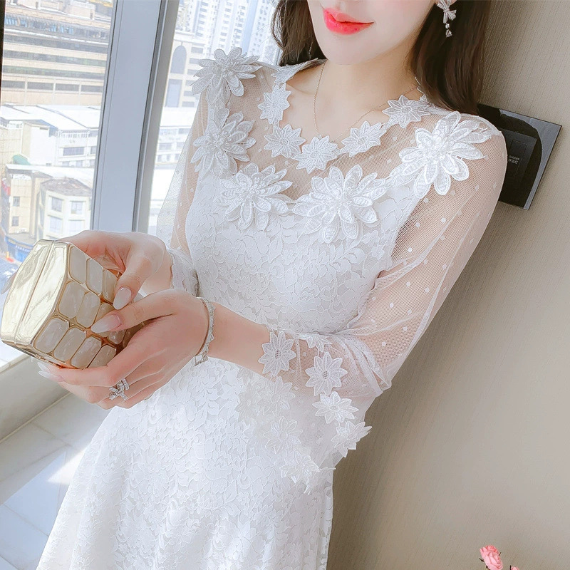 Весеннее платье 2025 года с вышивкой цветов, круглым вырезом, рукавами-колокольчиками, кружевное, утягивающее, скрывающее живот, юбка А-силуэта