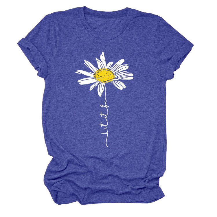 LET IT BE DAISY carta casual manga corta Amazon europeo y americano de las mujeres Top cuello redondo Camiseta suelta
