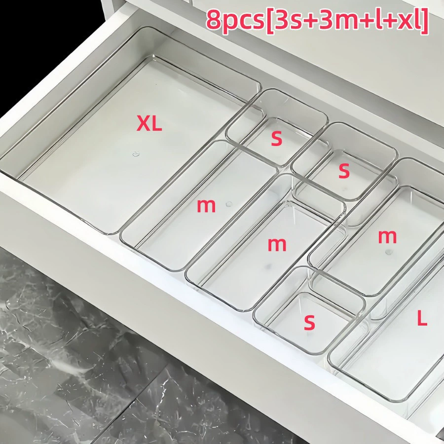 Acrylic Drawer Organizer Box, Universal Table Storage, Clear, Multi-Size Sets (S–XL)