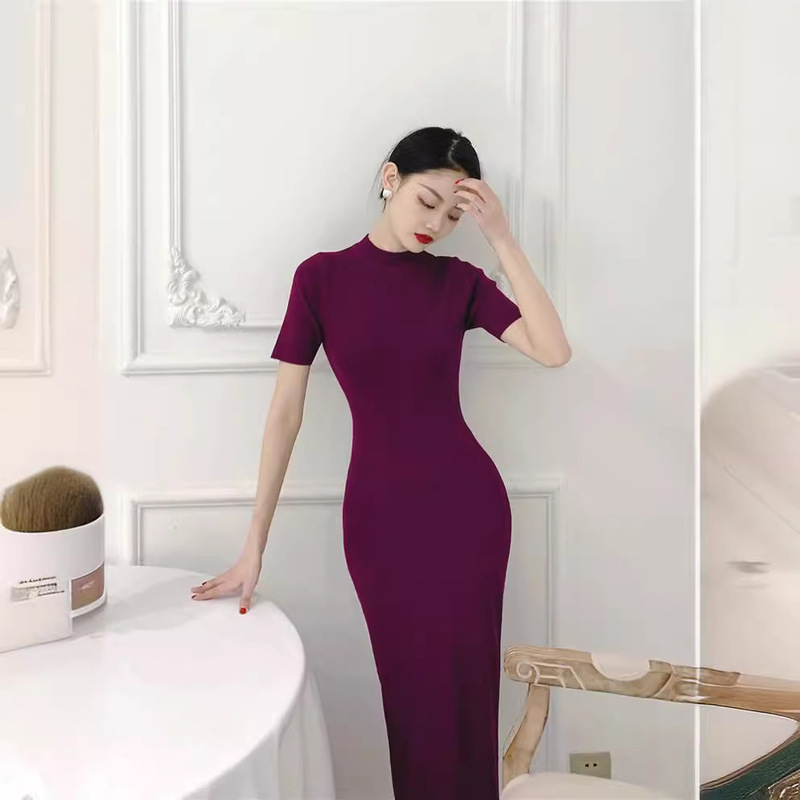 3066 繊細なノックドレス気質レトロスリムラウンドネック S 字型スリムブラックニットスカート女性用|undefined