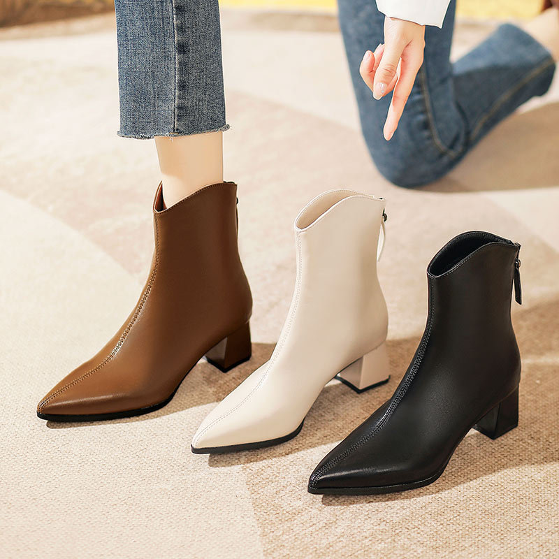Demi-season elegant low boots pointed-toe heels