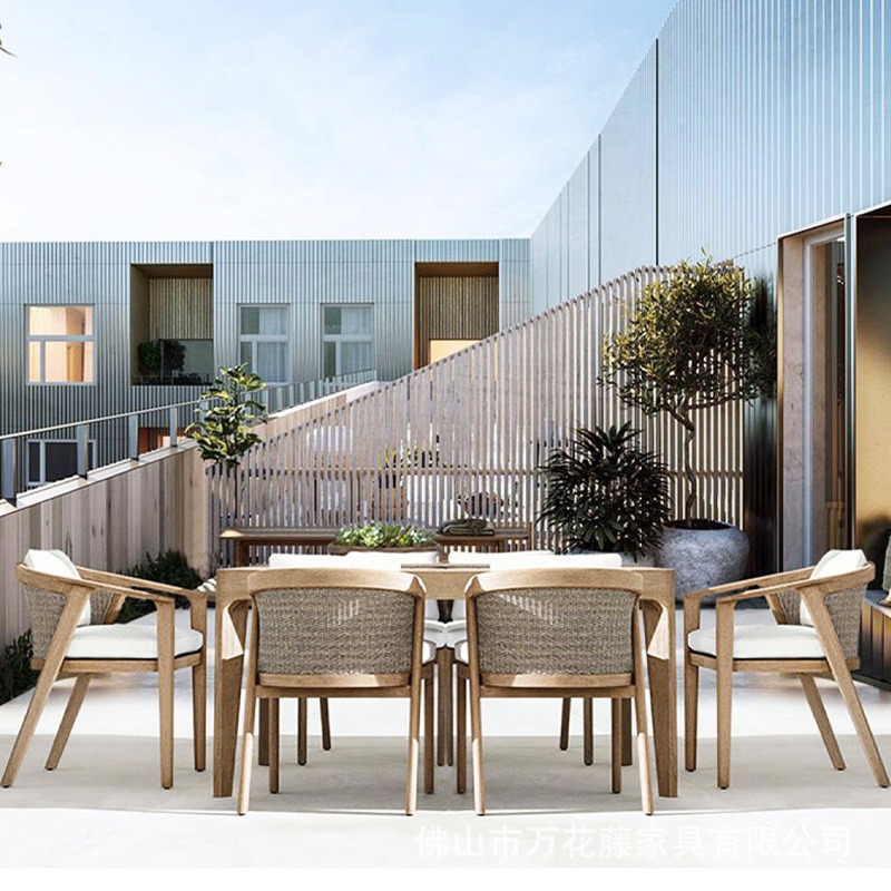 Mesas y sillas al aire libre de ocio nórdico personalizadas combinación de patio de villa al aire libre jardín impermeable muebles de madera maciza mesa de comedor silla de mimbre